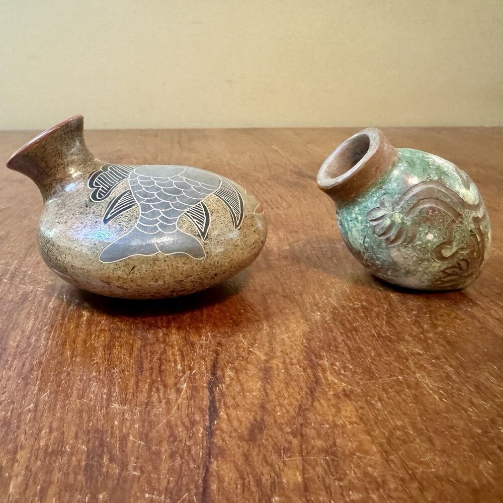 Tonala Pottery Fish Vase & Mini Folk Art Vase Lot Handcrafted Mexico